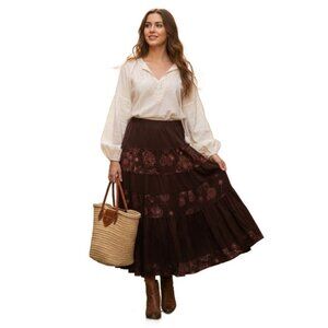 LANA SPORT Boho Embroidered Floral Sequin Design Tiered Brown Skirt NEW Sz 14